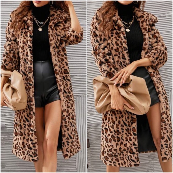 Jackets & Blazers - Luxe leopard Print Vegan Fur Long Jacket Coat